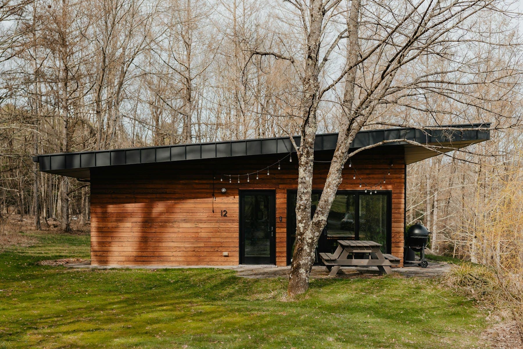 Single-storey timber building with a mono-pitch roof on a lawn