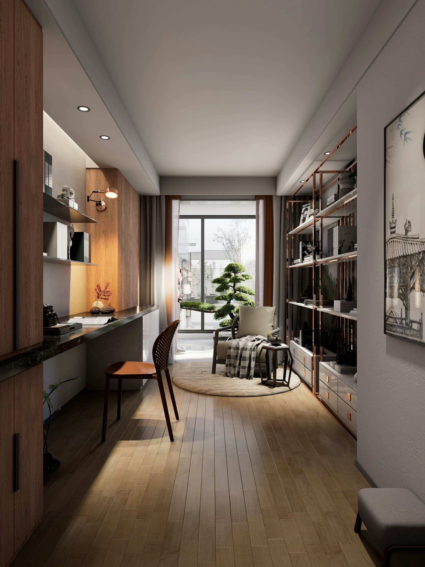 Calm home office with built-in shelving and a desk beside glazed doors